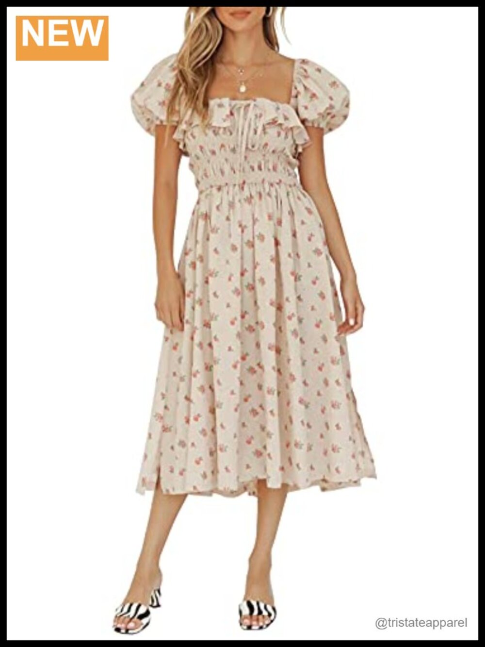 Womens Cotton Midi Dress Puff Sleeves Ruched Bust Floral Boho A-Line